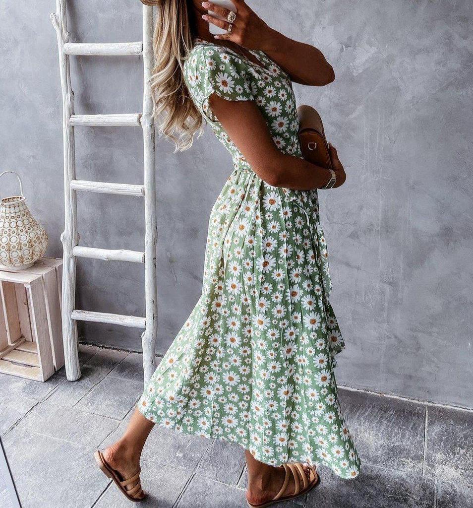 Youthful Floral Print Short Sleeve Midi Dress-vocosishoes