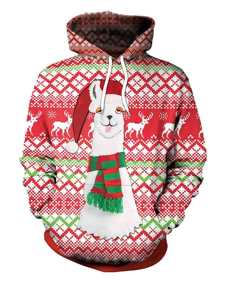 Mayoulove Christmas Alpaca In Hat Printed Hooded Pullover Red Unisex Hoodie-Mayoulove
