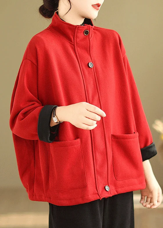 Red Button Loose Warm Fleece Coat Stand Collar Long Sleeve