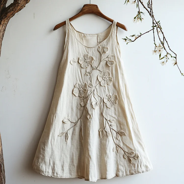 Vintage Floral Embroidery Casual Linen Sleeveless Dress