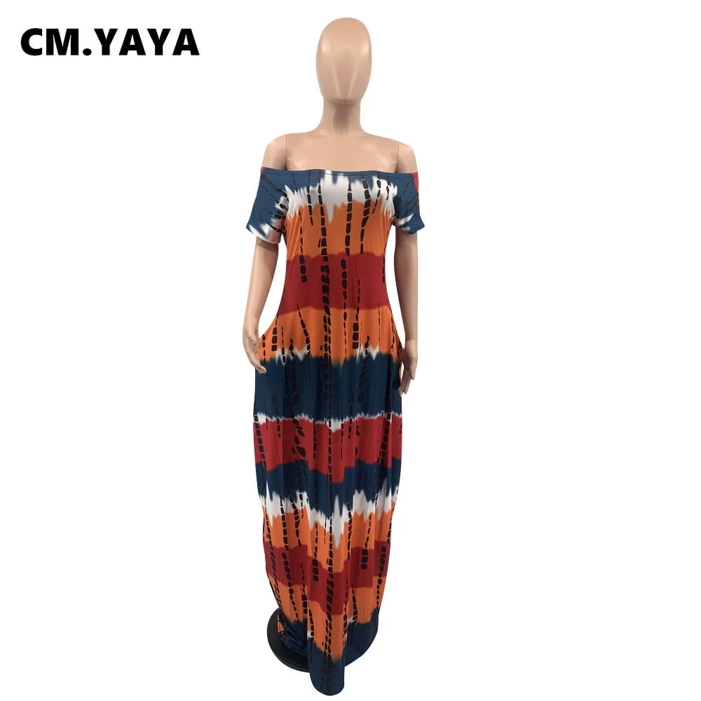 CM.YAYA Colorful Tie Dye Print Off Shoulder Women's Maxi Dress Streetwear Fashion with Pocket Loose Floort Length Long Dresses