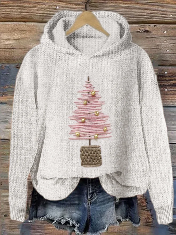 Pink Christmas Tree Embroidery Cozy Knit Hoodie