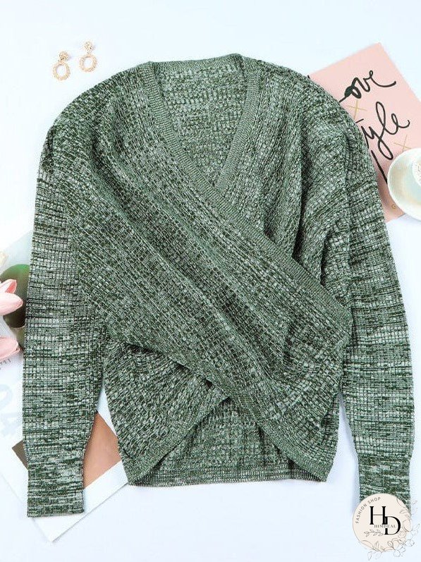 V-Neck Ladies' Sweater With Cross Detail In Solid Colors And Sexy Long Sleeves