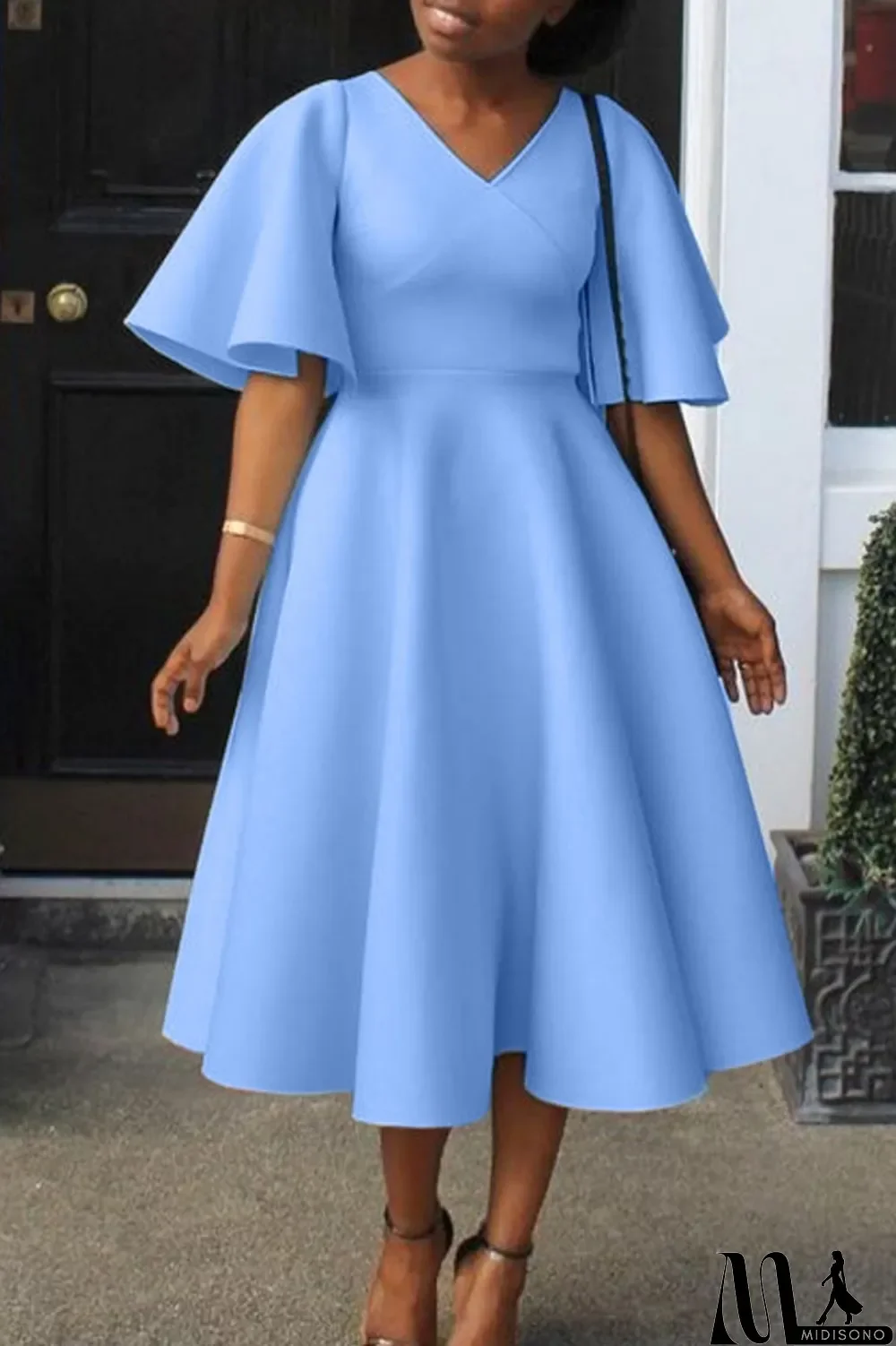 MidiSono - Sky Blue Casual Solid Patchwork V Neck Short Sleeve Dress Dresses