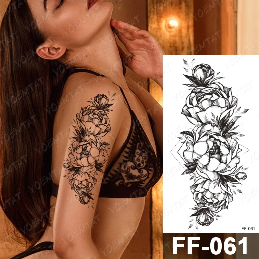Waterproof Temporary Tattoo Stickers Peony Rose Flower Gun Flash Tattoos Female Black Sketch Body Art Arm Sexy Fake Tatto Male