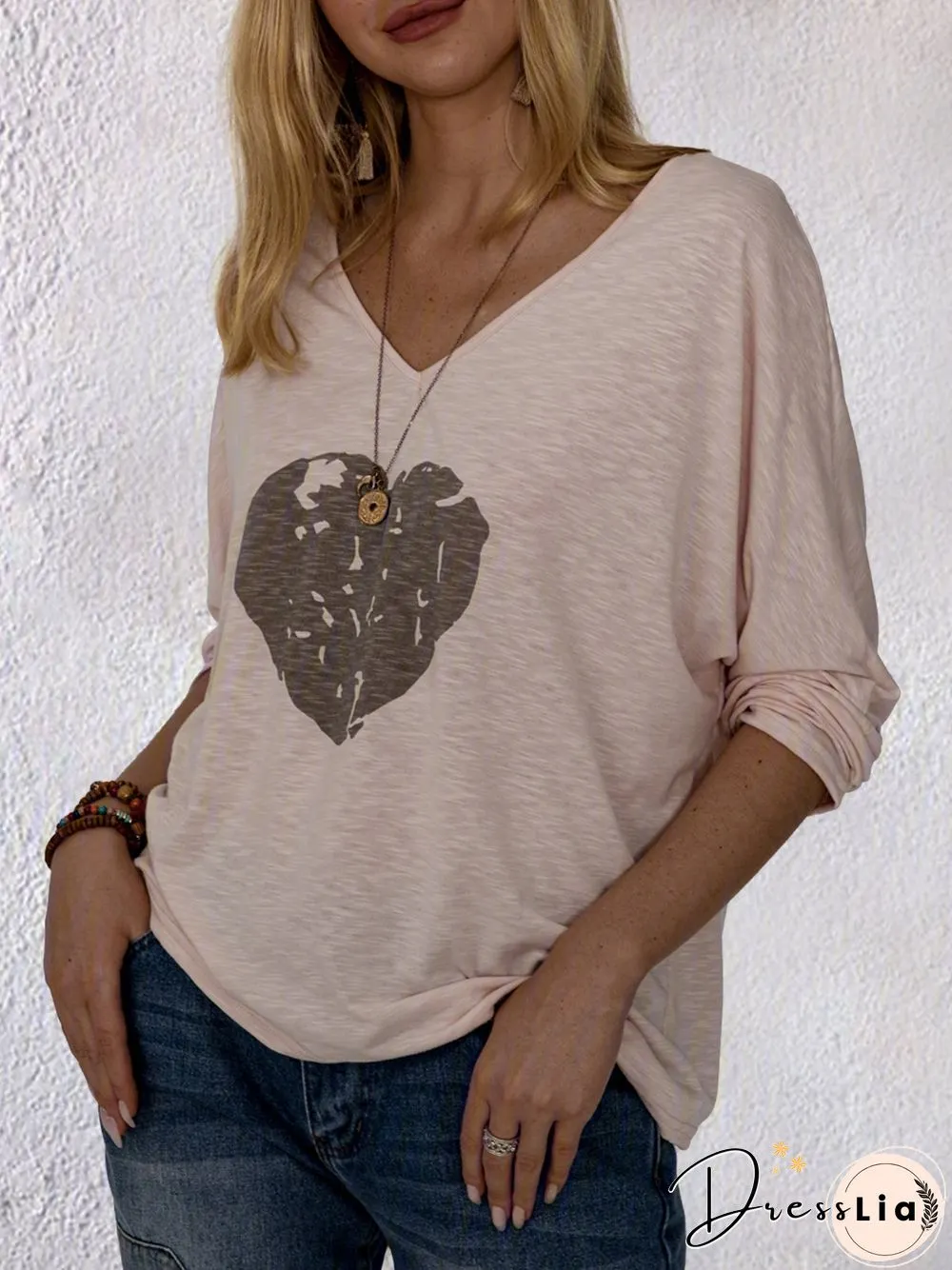 Long Sleeve Round Neck Cotton-Blend Printed Tops