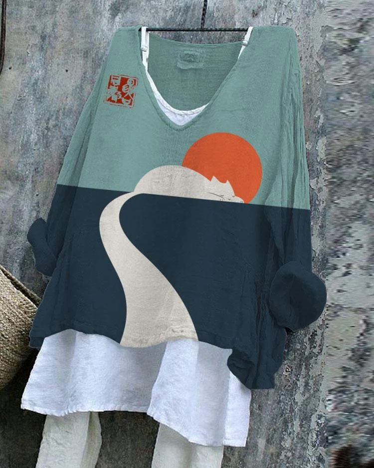 Full Moon Sleeping Cat Art Linen Blend Tunic Shirt