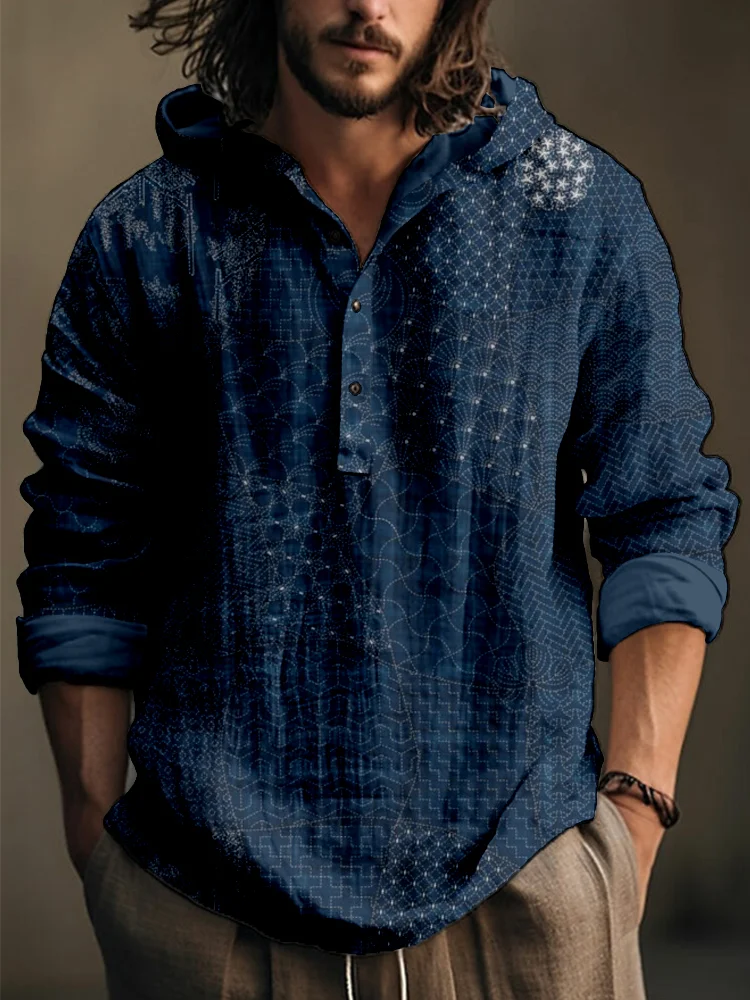 Wearshes Men's Japanese Traditional Sashiko Art Linen Blend Hooded Shirt