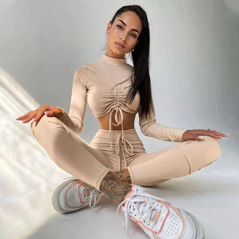 Dulzura 2021 Autumn Winter Women Ribbed 2 Pieces Lace Up Drawstring Long Sleeve Crop Top Leggings Set Tracksuit Outfit Sporty