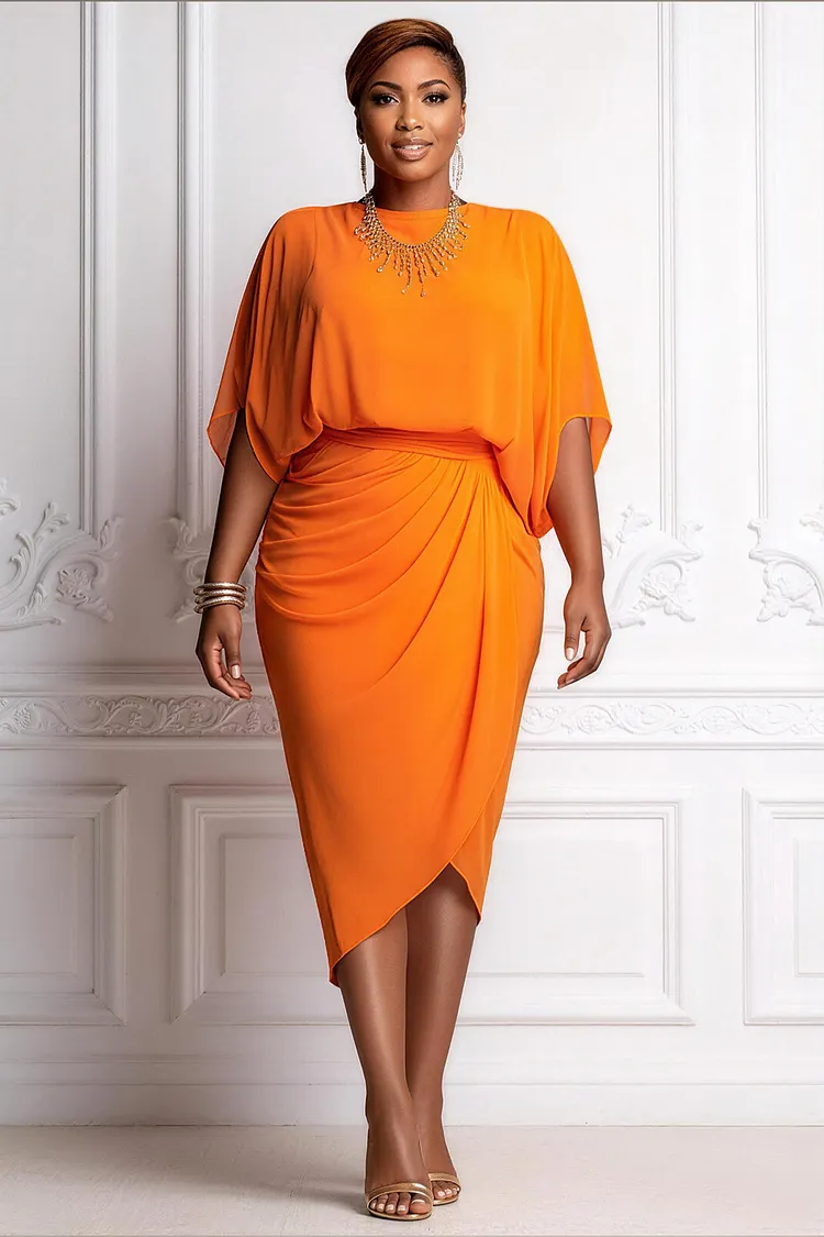 Xpluswear Design Plus Size Cocktail Party Orange Round Neck Short Sleeve Fold Chiffon Midi Dresses [Pre-Order] 2024 - Xpluswear