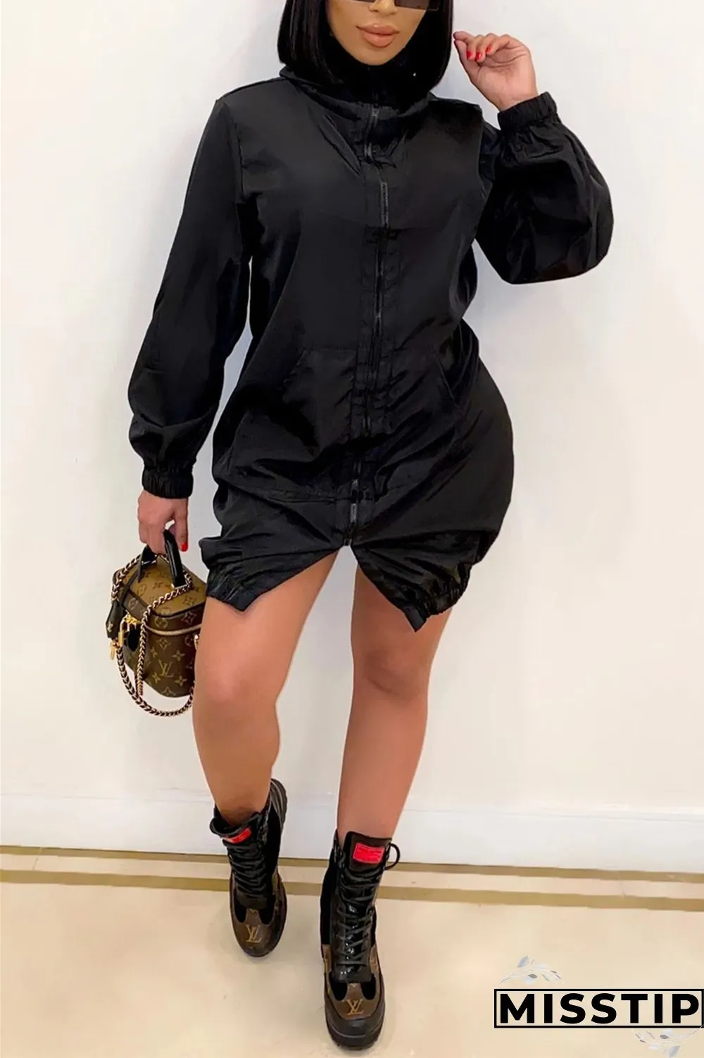 Orange Casual Solid Patchwork Pocket Zipper Collar Long Sleeve A Line Dresses