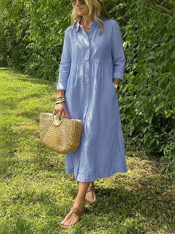 NEW🔥 Long Sleeve Striped Lapel Button Down Dress