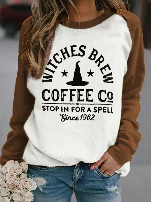 Women'S Casual Color-Block Witches Brew Coffee Co Stop In For A Spell Since 1962 Print Long-Sleeved Sweatshirt. socialshop