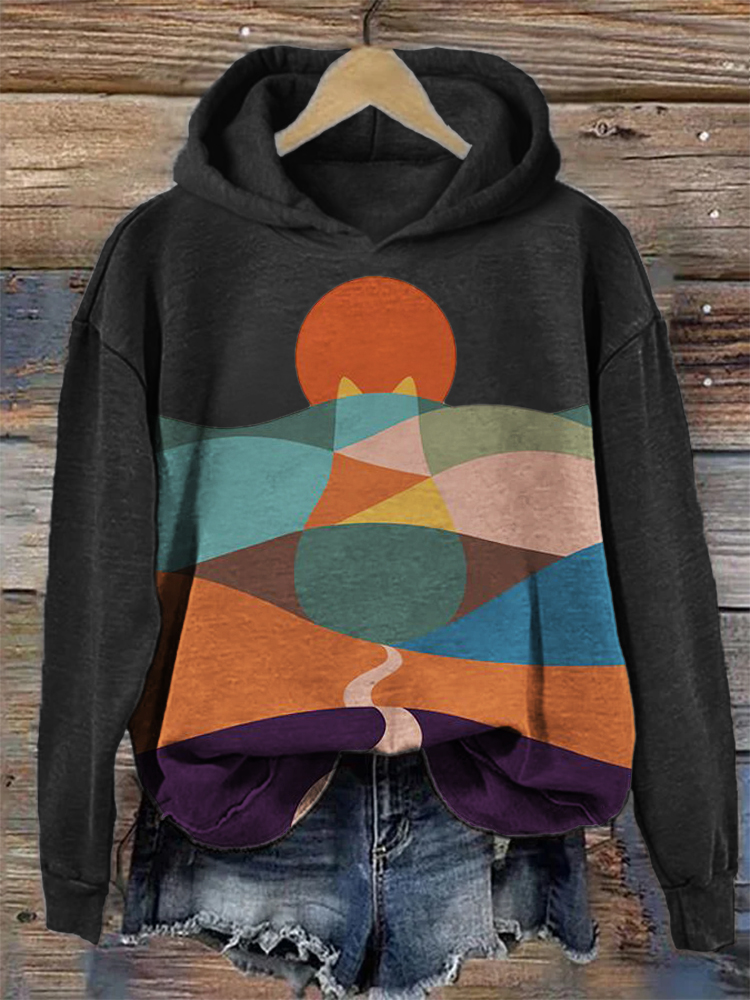 Comstylish Cat Mountains Landscape Sunrise Japanese Art Washed Hoodie
