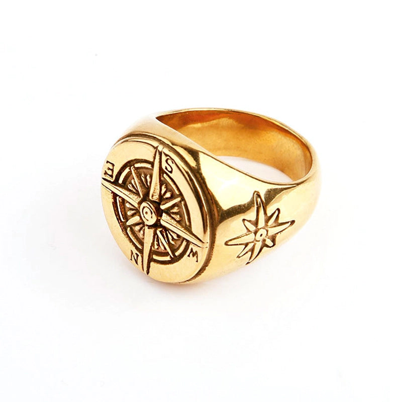 Hip-Hop Compass Titanium Steel Polishing 18K Gold Plated Men’s Rings