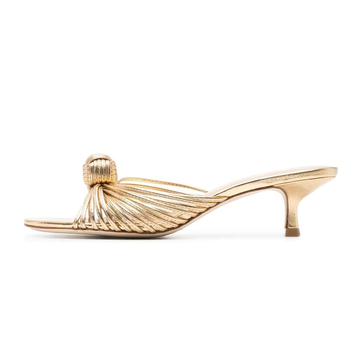 Gold Metallic Open-Toe Strap Knotted Kitten Heel Mules Shoes Nicepairs