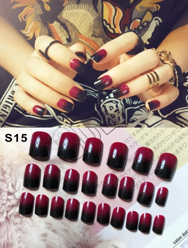 24pcs/Set Fashion Black Red Rivet False Nails Strip Rivet Design Coffin Finished Full Cover Artificial Fake Nails Manicure Tools-Nail Inspo