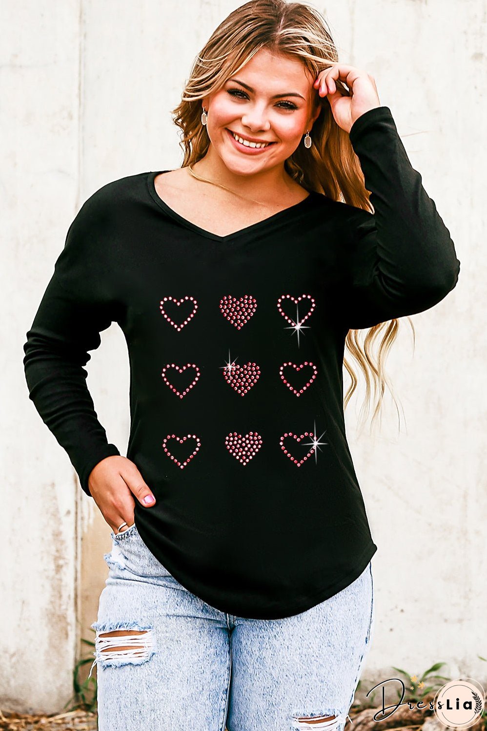 Black Valentines Day Rhinestone Heart Graphic Long Sleeve Tee
