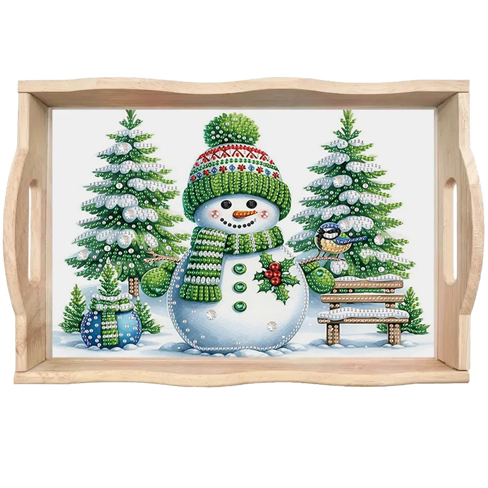 DIY Xmas Tree Snowman Wooden Diamond Decorative Serving Tray with Handle for Home