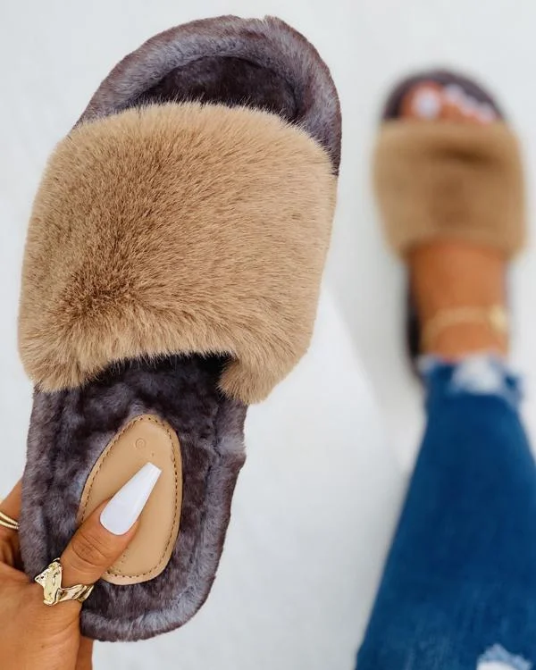 Wide Strap Fluffy Casual Slipper