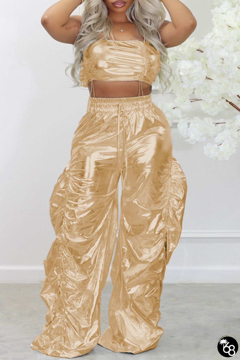 Gold Casual Solid Draw String Strapless Sleeveless Two Pieces | 168DEAL