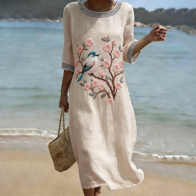 Women's Japanese Floral-bird Art Linen-blend Dress elevenforest
