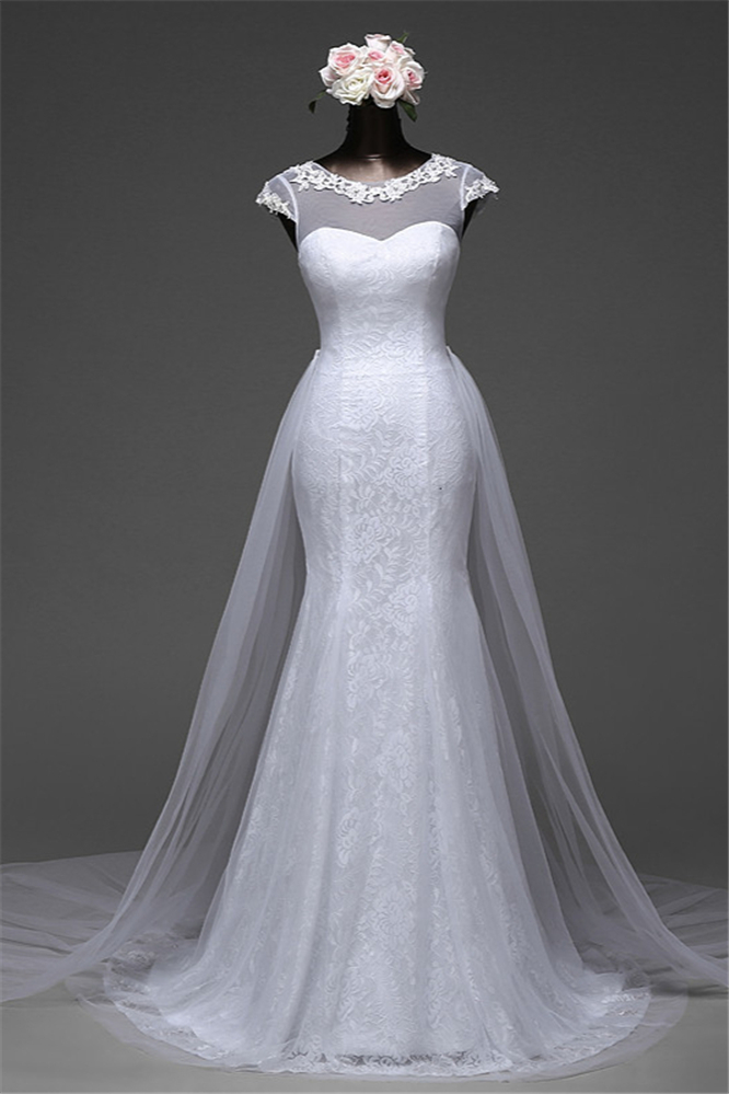 Daisda Glamorous Jewel Lace Long Mermaid Wedding Dress With Tulle Overskirt