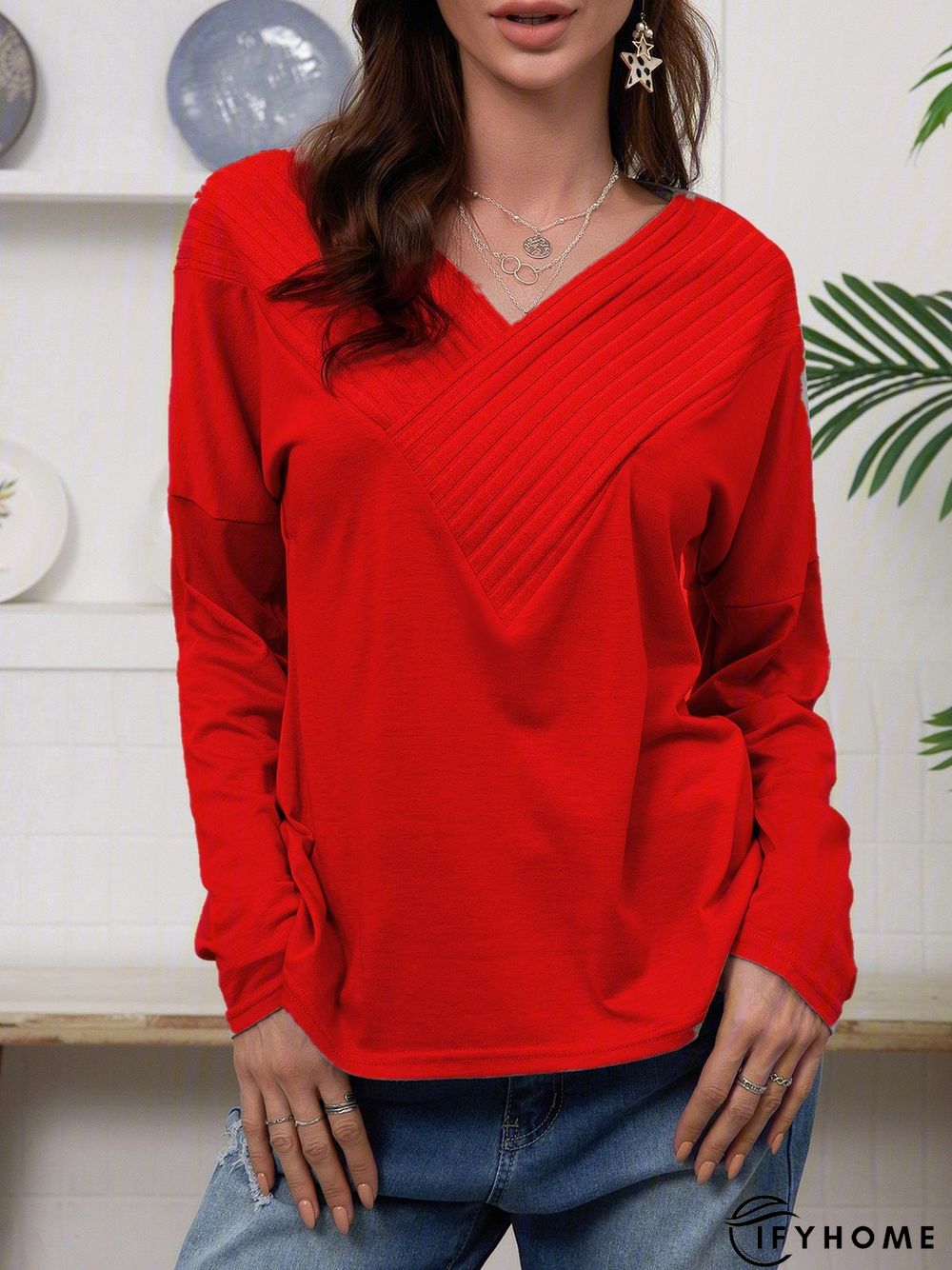 V Neck Elegant Regular Fit T-shirt & Tees | IFYHOME