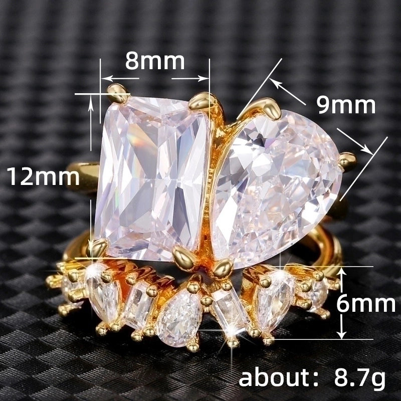 Ig Style Shiny Water Droplets Rectangle Copper Inlay Zircon Rings