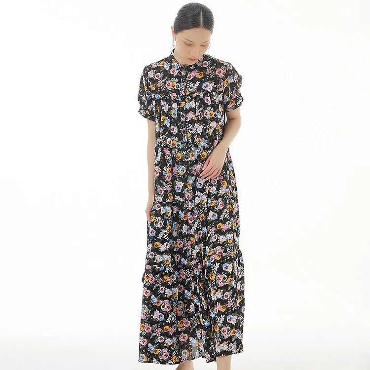 Elegant Half Stand Collar Floral Printed Short Sleeve Dress      