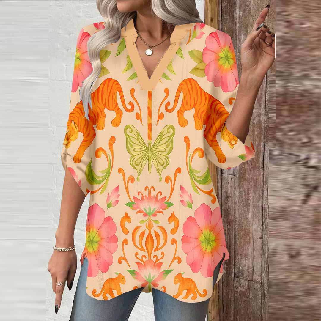 Women Tropical, Animals, Pink DZGA0097 3/4 Sleeve V-neck Printed Graphic Button Tops