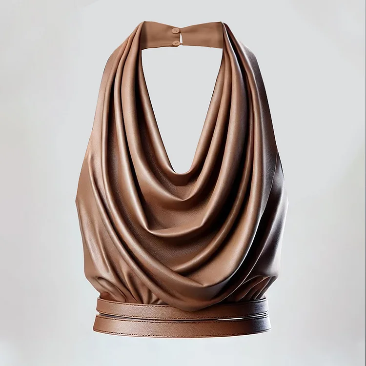 Ursime PU Leather Solid Cowl Neck Halter Top