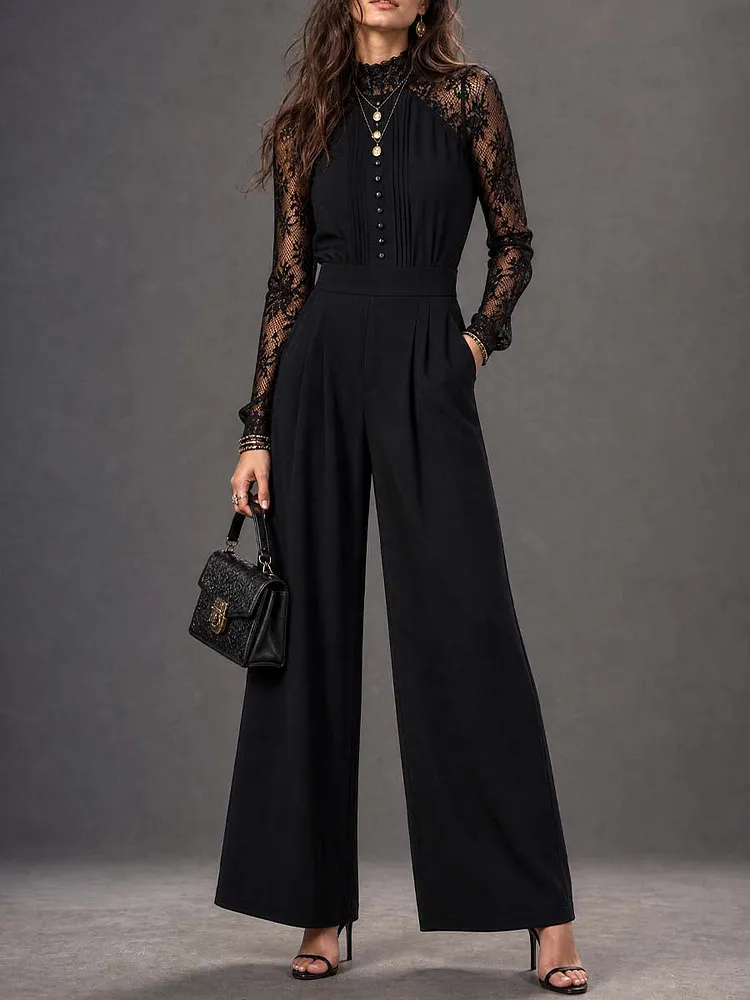 Vintage Stand-up Collar Lace Trim Jumpsuit
