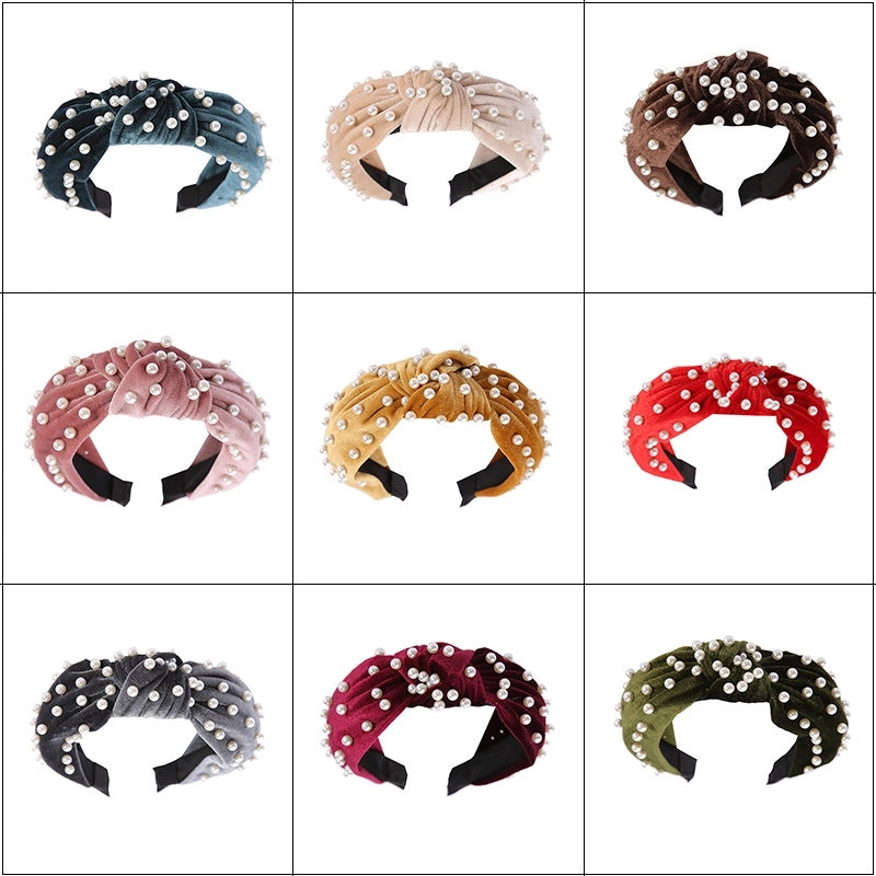 New Wide-brimmed Gold Flocking Bead Headband Simple Retro Pearl Headband Knot Wash Face Headband
