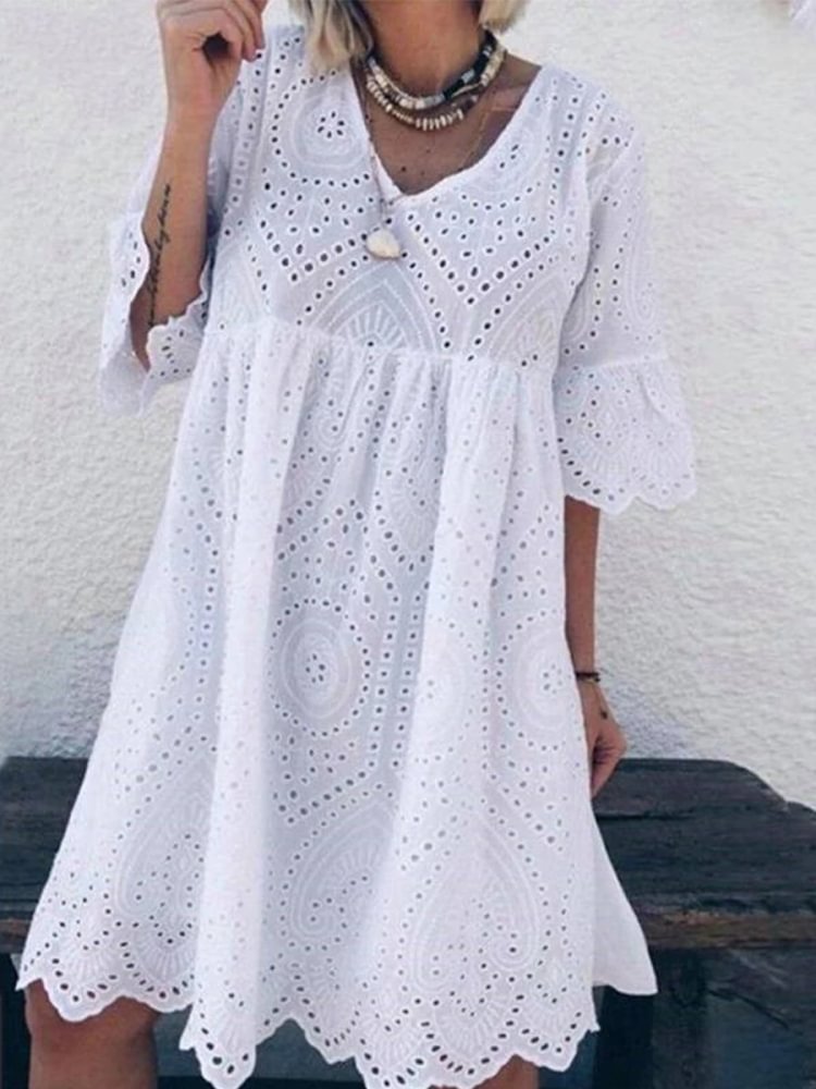 Chic V-neck Solid Half-sleeve Lace Loose Dress P10772
