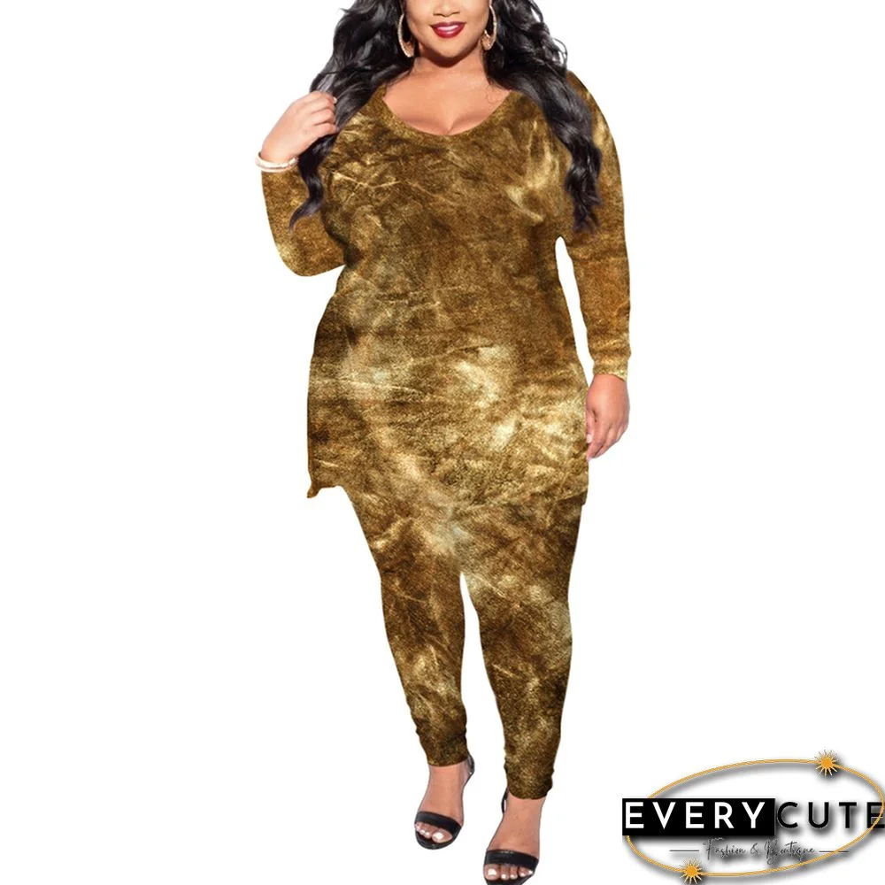 All Over Brown Tye Dye Plus Size Longewear Set