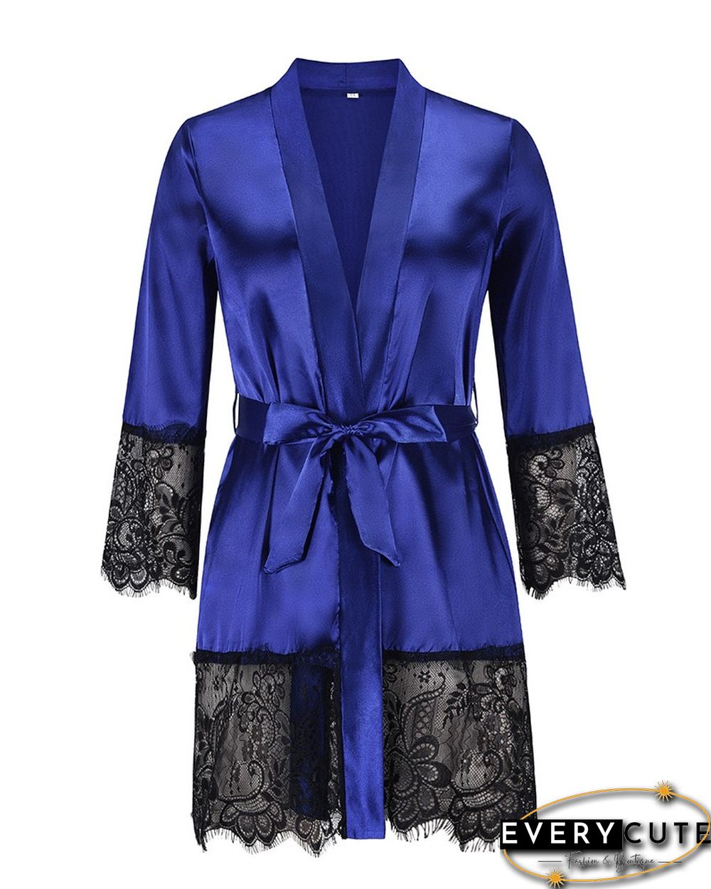 Eyelet Lace Patch Satin Long Sleeve Robe