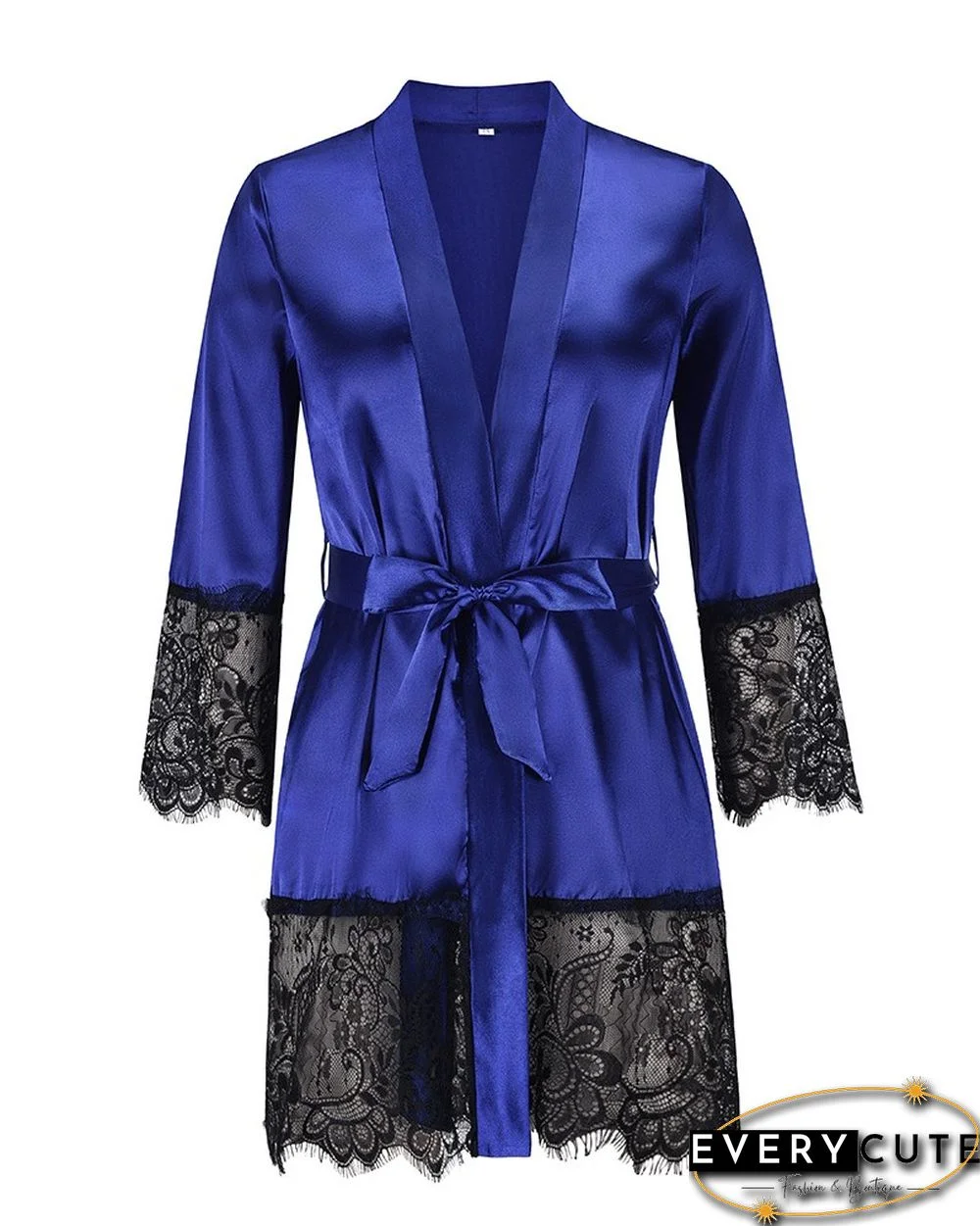 Eyelet Lace Patch Satin Long Sleeve Robe