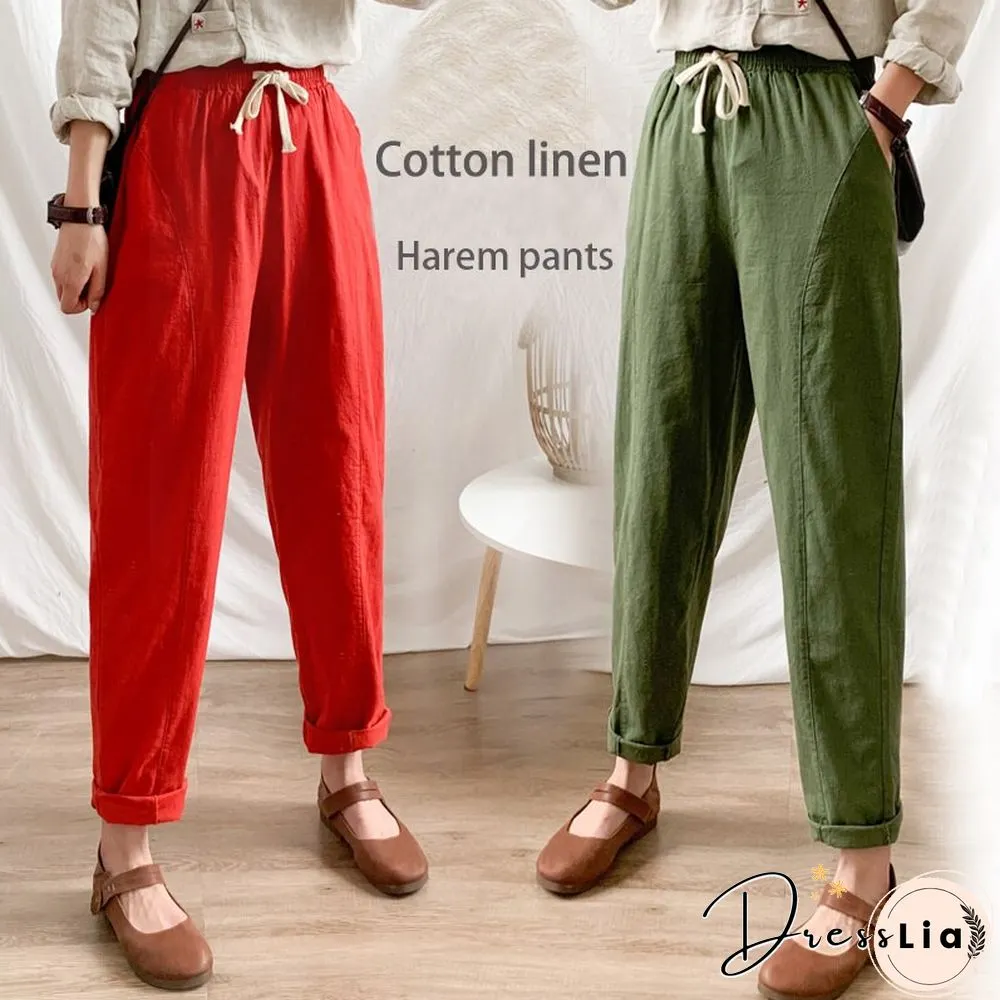Summer Womens Pants-Cotton Linen Large Size Casual Loose Ankle-Long Capri Drawstring