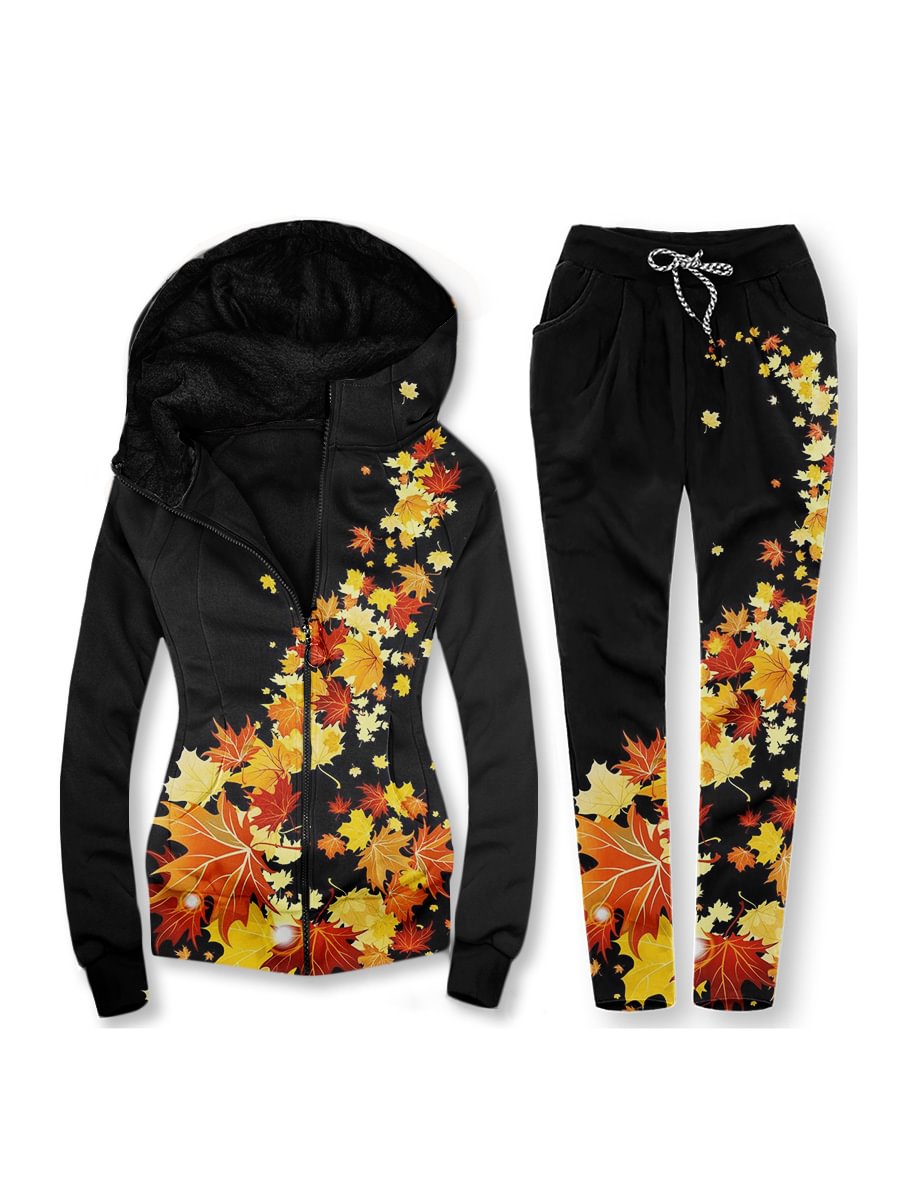 Women's Fall Maple Leaf Print Zip Hoodie Set