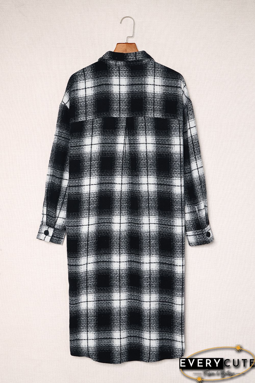 Black Plaid Print Buttoned Pocketed Long Sleeve Long Coat