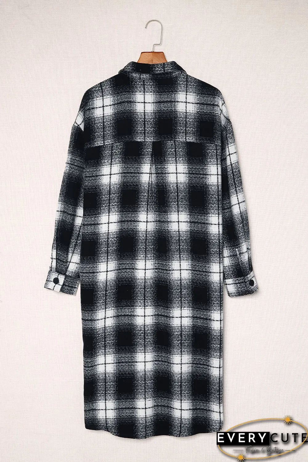 Black Plaid Print Buttoned Pocketed Long Sleeve Long Coat