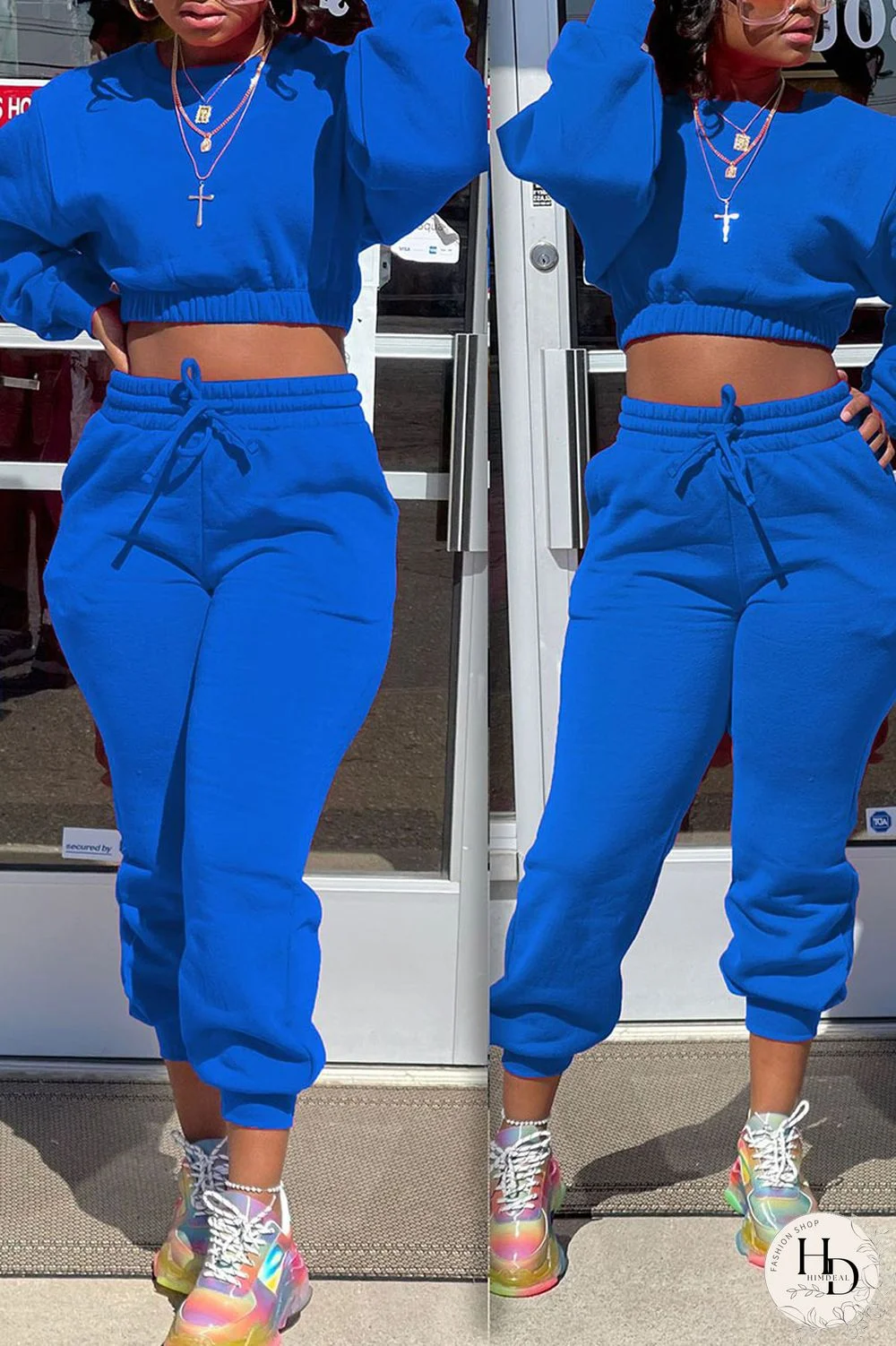 Blue Casual Solid Split Joint O Neck Long Sleeve Two Pieces