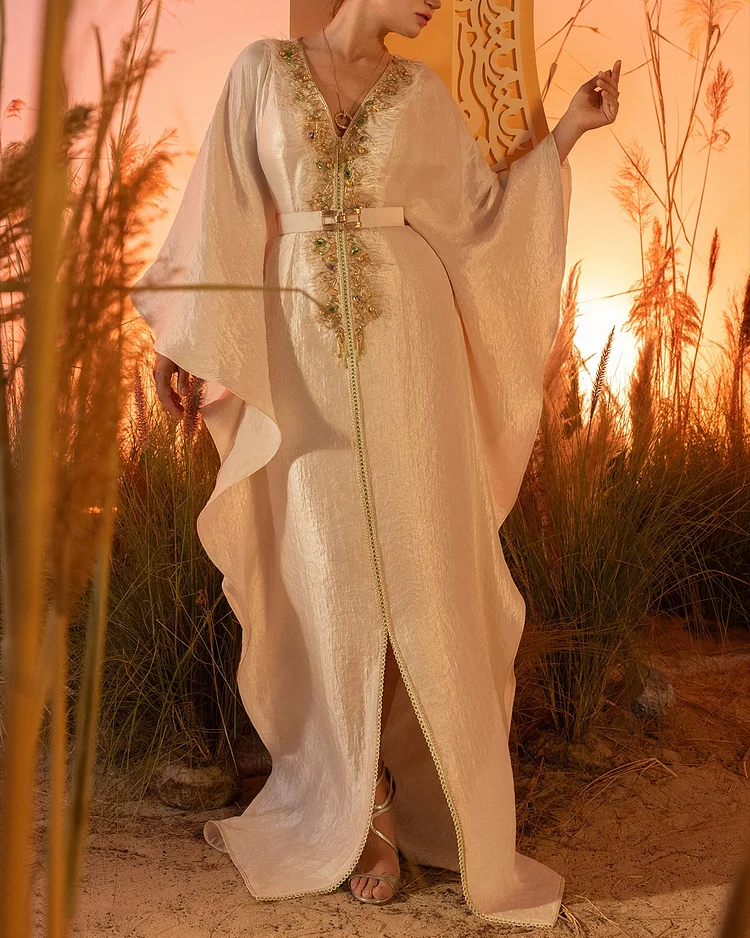 Women's V-Neck Embroidered Slit Dress
