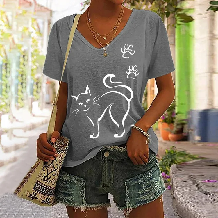 Women's Cat Print V-Neck T-Shirt