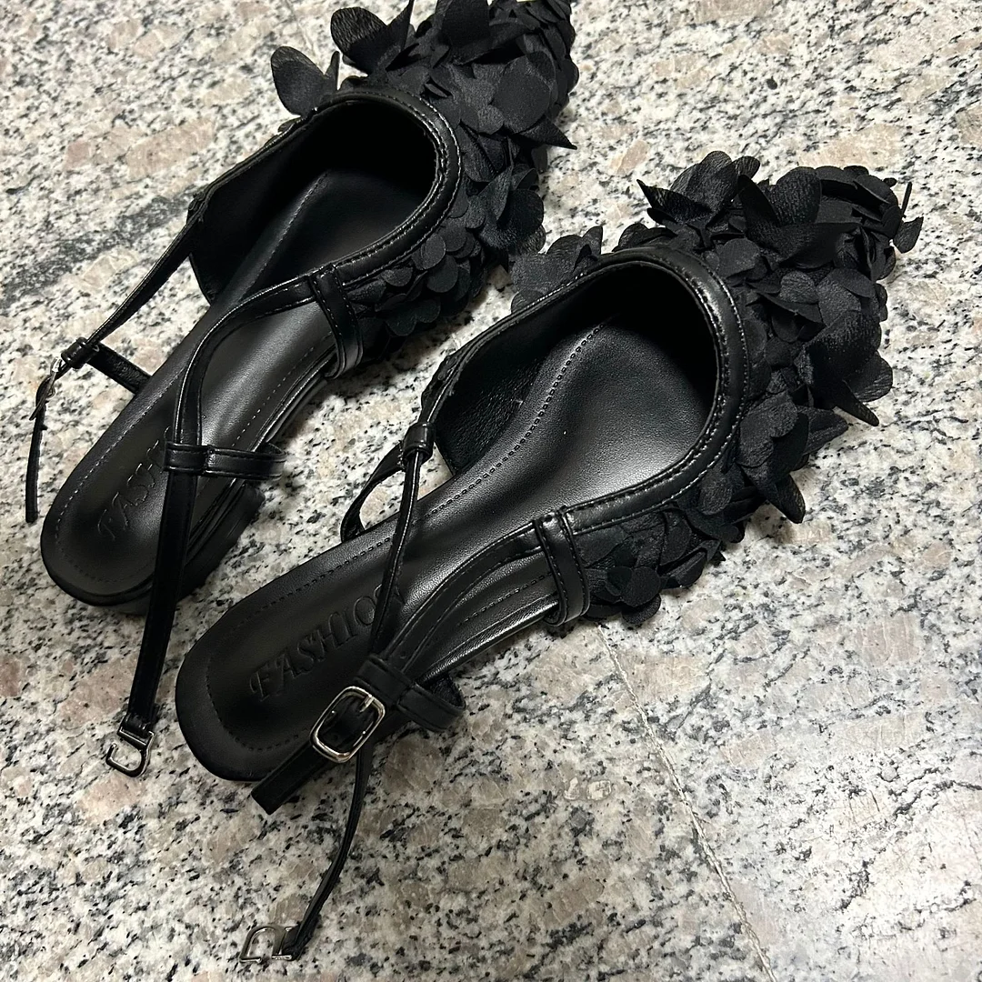 Churchf Churchf 2023 Petals Pointed Head With Buckle Flat Shoes Female Fairy Wind Head Flat Shoes Low Heel Small Fresh Sandals Female