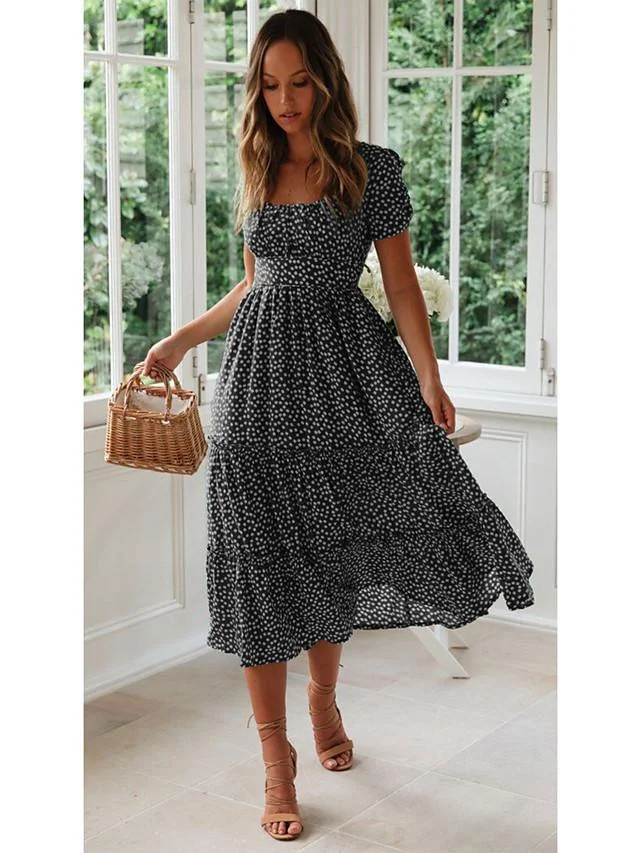 Women's A-Line Dress Midi Dress - Short Sleeve Polka Dot Summer Deep U Hot Casual / Daily Boho Black Red Yellow Green