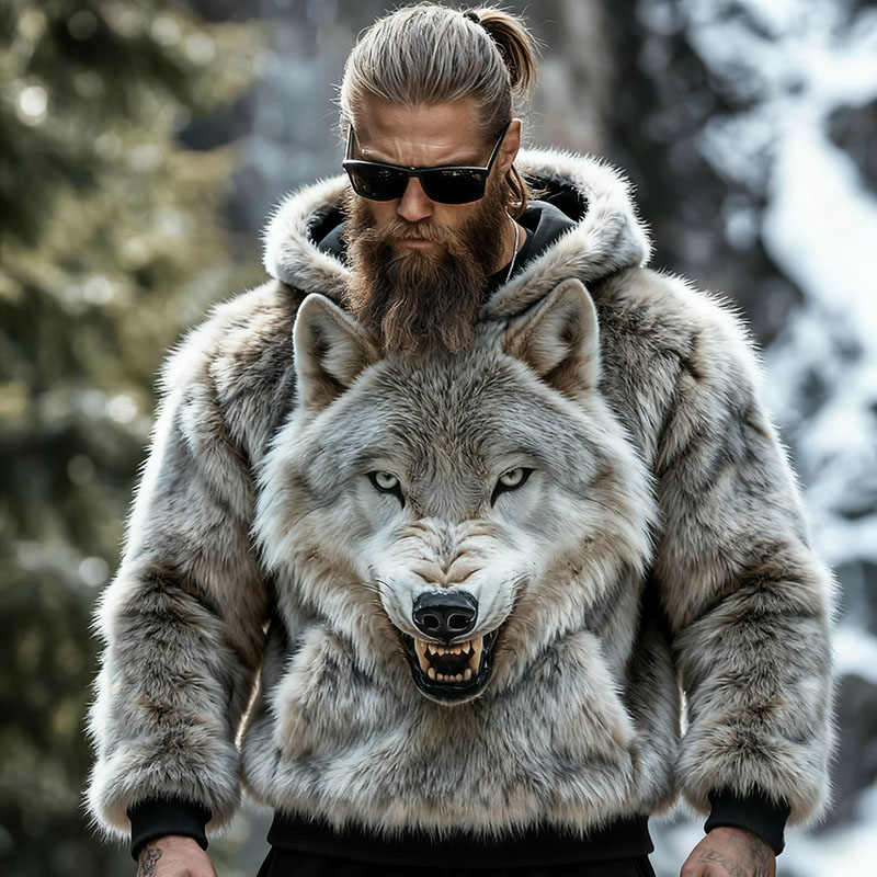 Men's Retro Tribal Wolf Head Pattern Lambswool Hoodie elevenforest