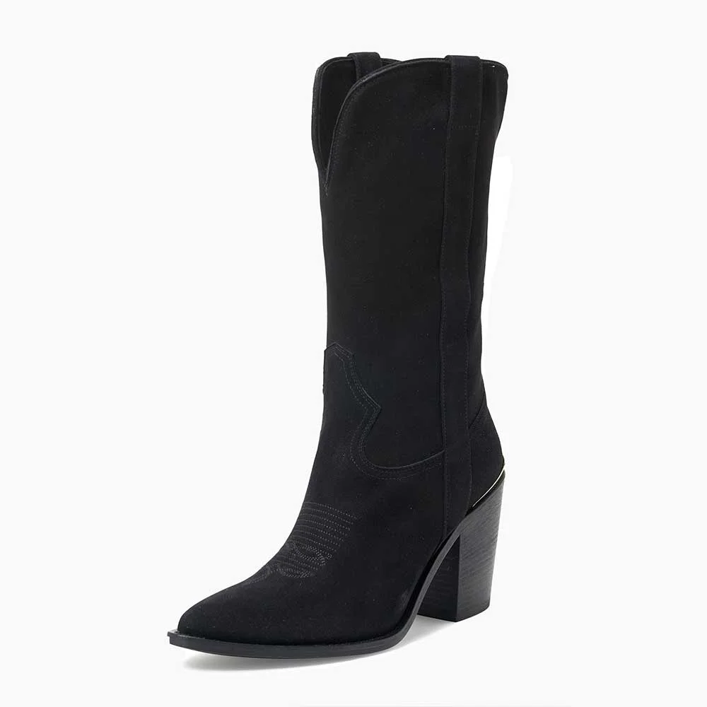 Black Pointed Vegan Suede Chunky Heel Western Boots for Women