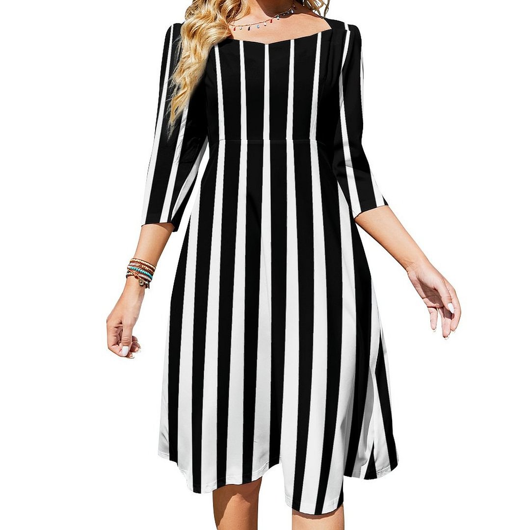 Black And White Irregular Vertical Stripes Dress Sweetheart Tie Back Flared 3/4 Sleeve Midi Dresses